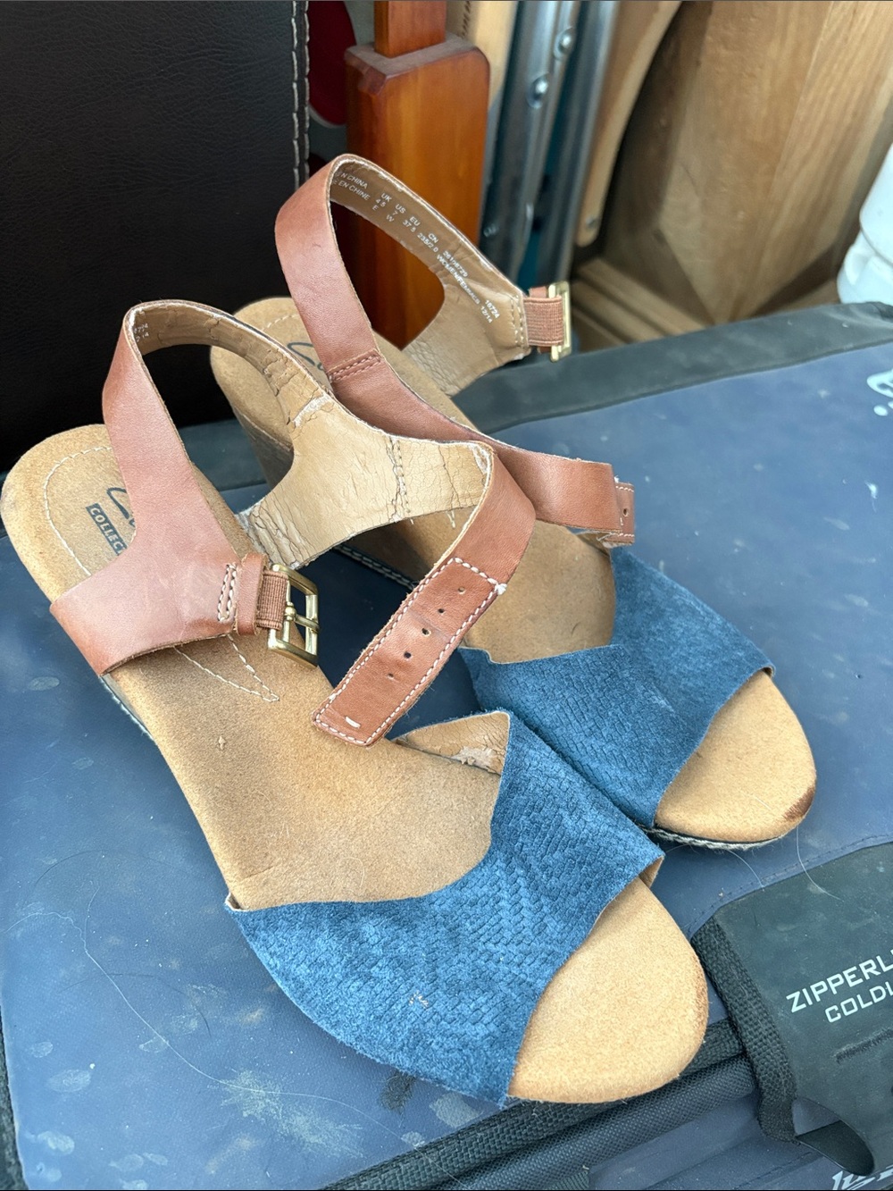 Clarks Blue and Brown Open-Toe Slingback Sandals